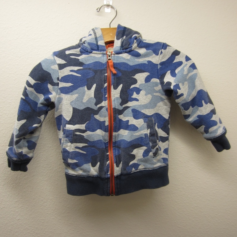 Mini Boden Hoodies Boys 3-4Y Sherpa Lined Blue Camo  Full Zip Pockets Fall winte